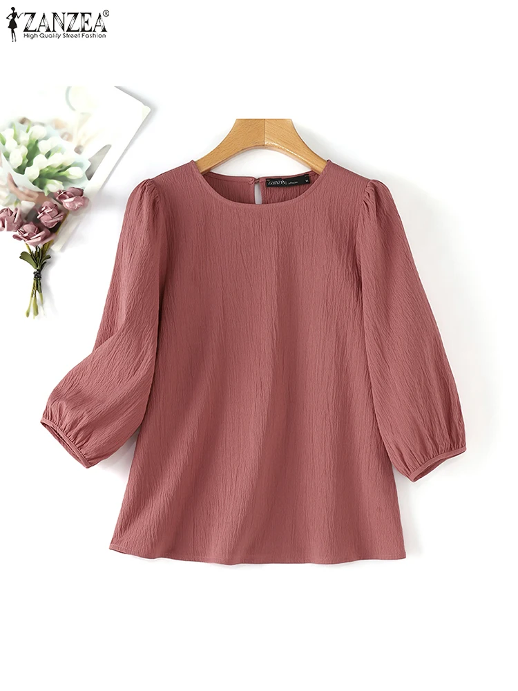 ZANZEA Crinkled Fabric O Neck Blouses Autumn 2024 Women Classy 3/4 Puff Sleeve Solid Color Shirts Tops Casual Elegant Blusas