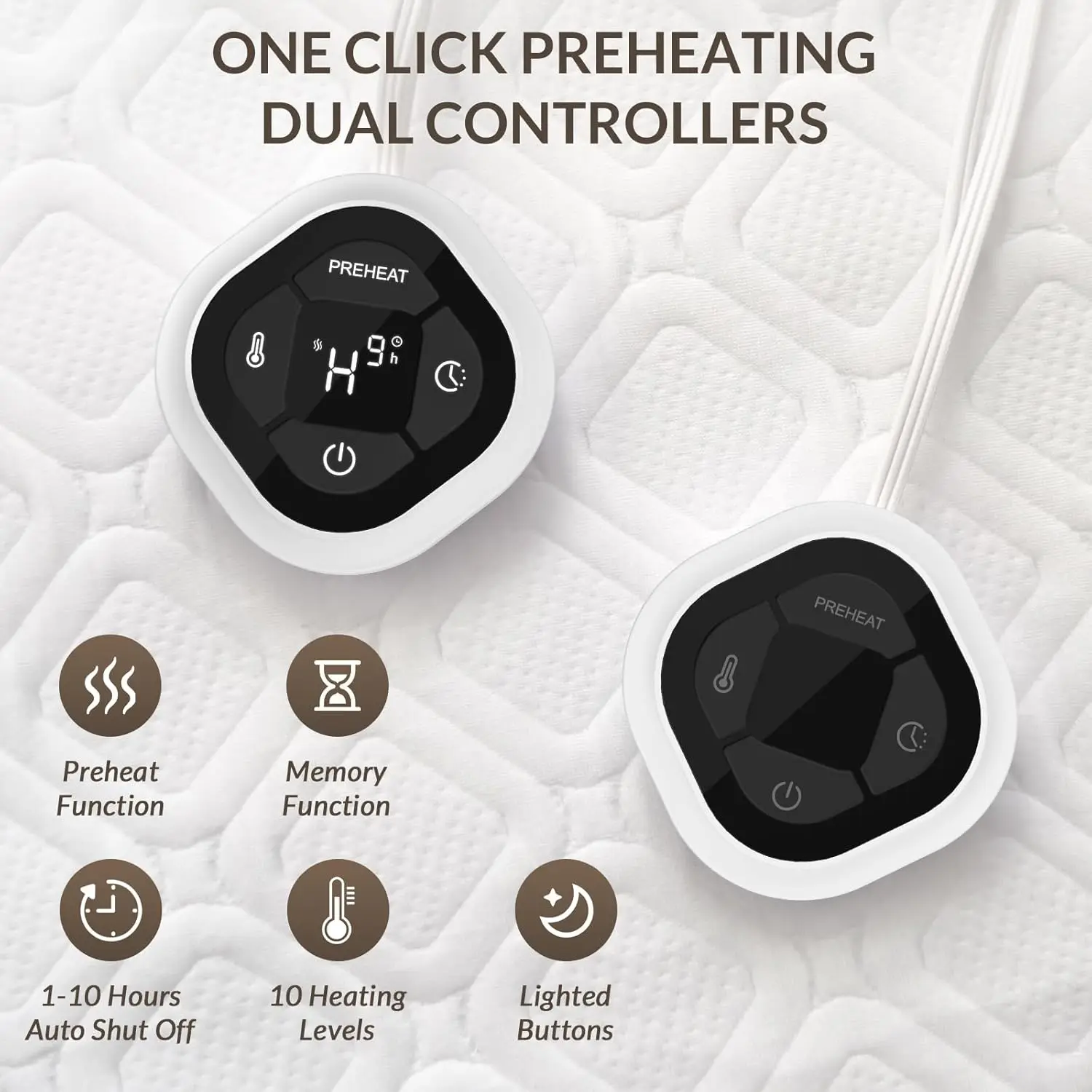 وسادة مرتبة تسخين كهربائية بحجم كوين مع تحكم مزدوج المنطقة، تسخين مسبق، 10 مستويات حرارية، مؤقت