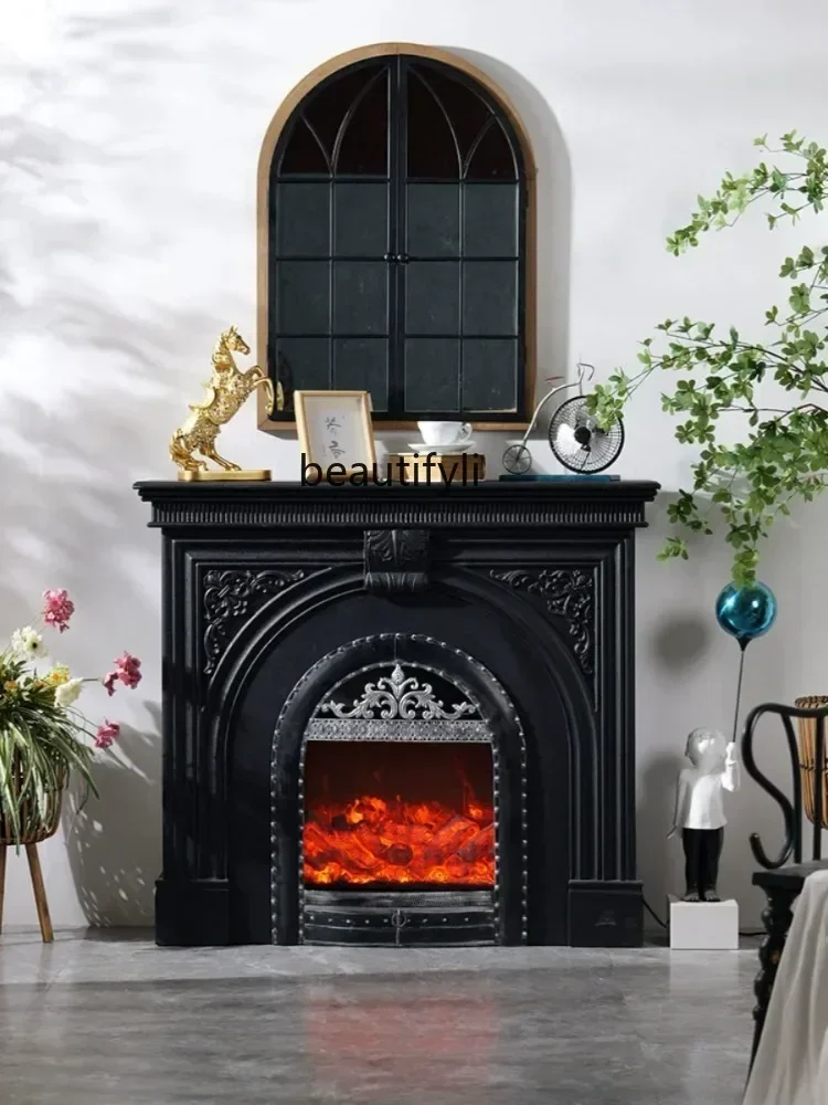 French carved fireplace simulation fire solid wood arched door TV background wall living room decorative cabinet furniture