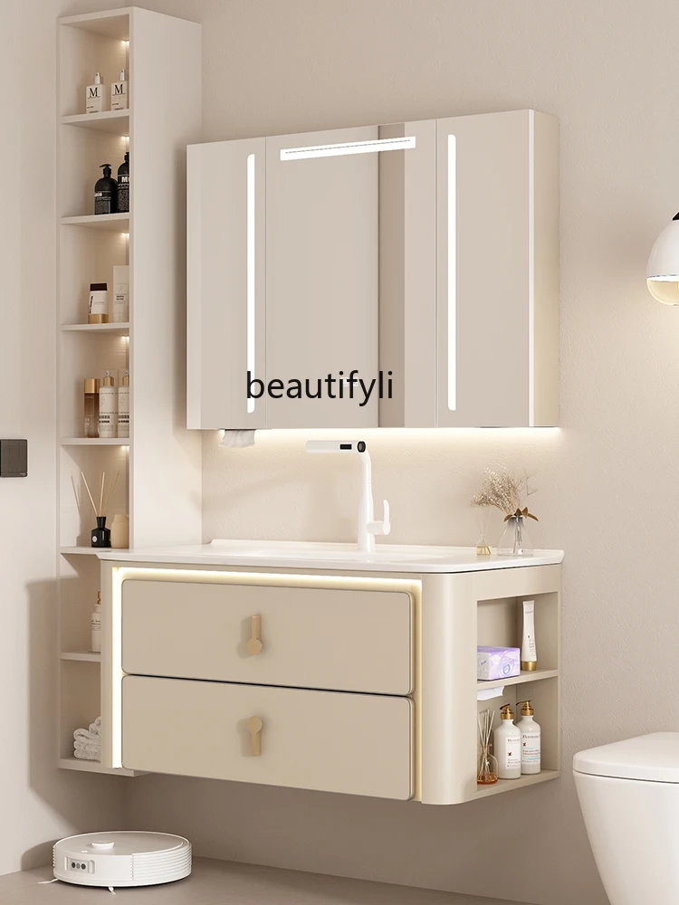 Solid Wood Cream Bathroom Cabinet Ceramic Whole Washbin Side Storage Toilet Hand Washing Bathroom Cabinet Combination