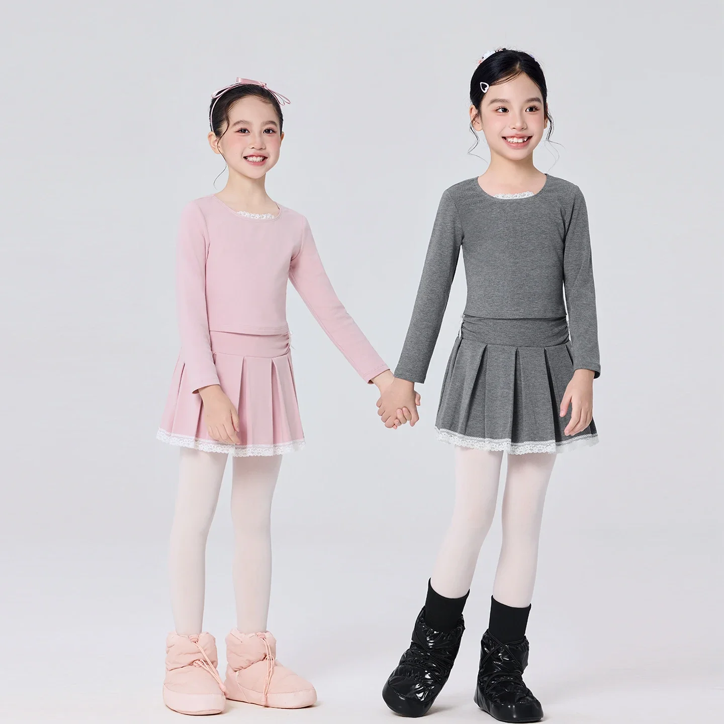 Conjunto de dança para meninas, agasalho de lã de inverno para crianças, balé, ginástica, collant, top com saia, roupa casual