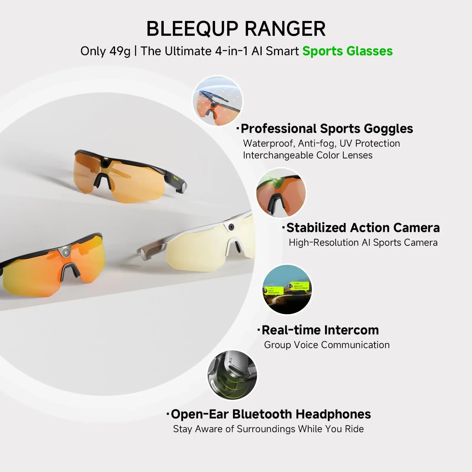 Bleequp Al Sports Camera Glasses 16MP 120°FOV 1080P Video Recording UV 400 Protection Sports Goggles for Outdoor Cycling
