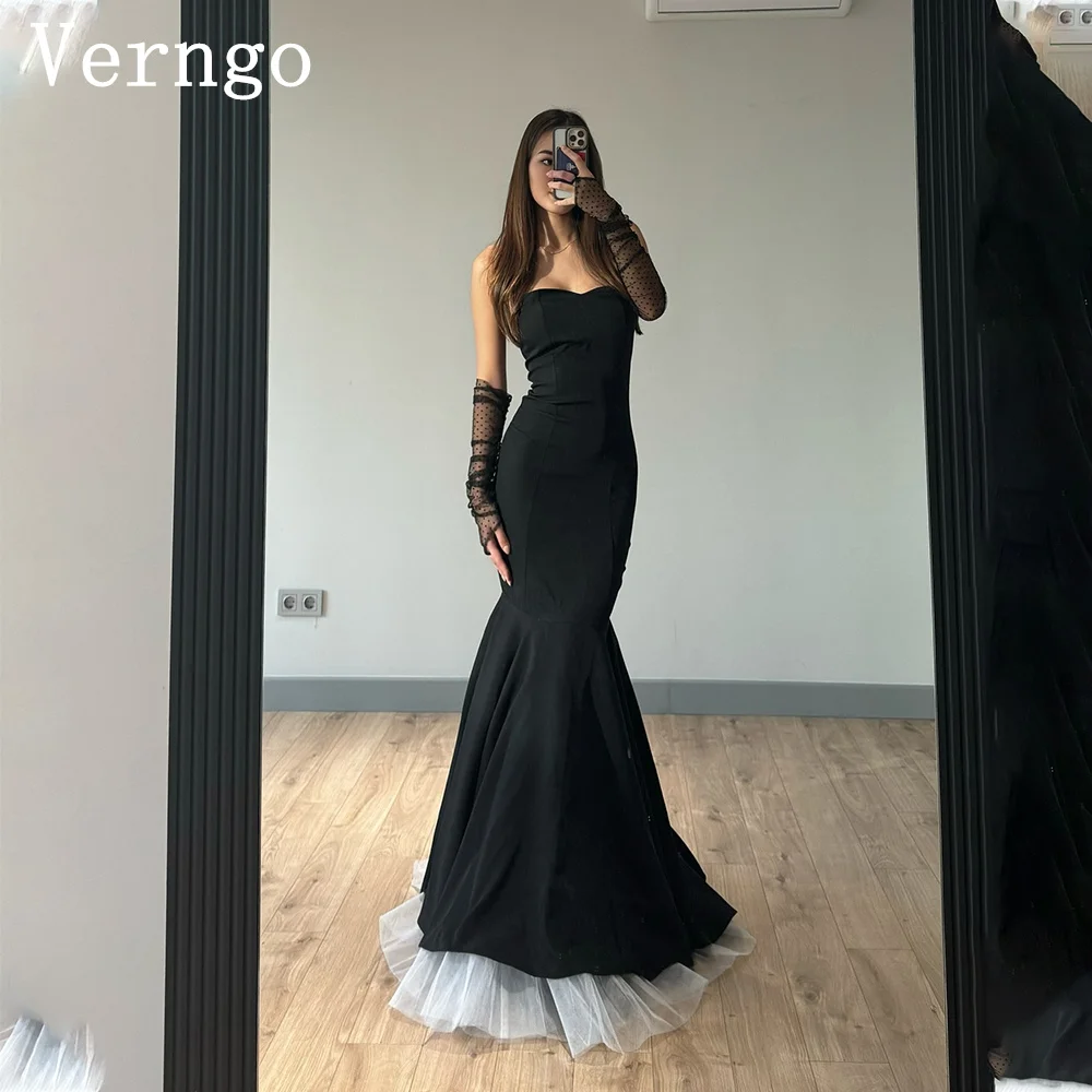 Verngo Black Crepe Mermaid Evening Dress With Gloves Straples Simple Contrast Color Prom Gown For Women Formal Occasion Dress