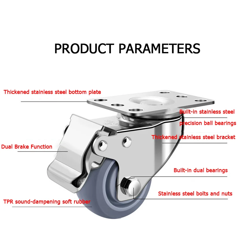 304 Stainless Steel Swivel Casters 1.5/2/3/4/5 Inches TPR Silent Rubber Wheels Waterproof Rustproof Furniture Casters Hand Truck image 5