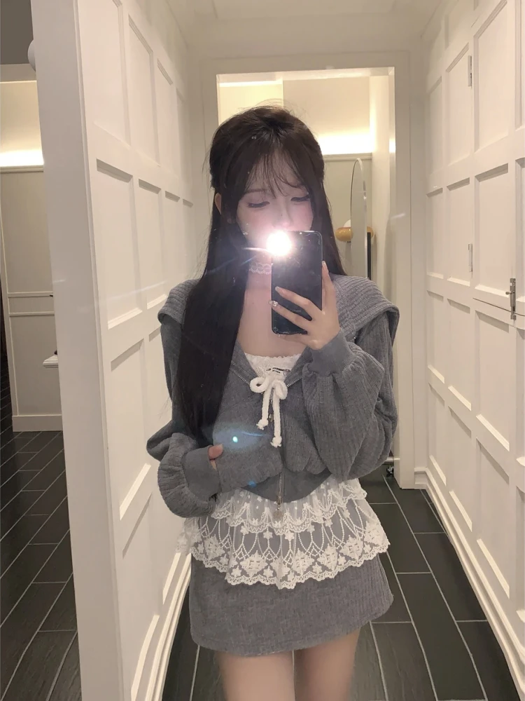 

Keni plus Size Lace Innerwear Hoodie Jacket Women's Autumn Slimming Skirt Set Korean Style A-Line High Waist Short Skirt