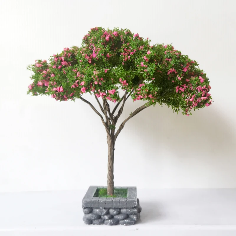 Árbol de flores de cerezo de simulación a escala, árbol de alambre estilo japonés con base, diseño de tren, decoración de casa de muñecas, 12cm