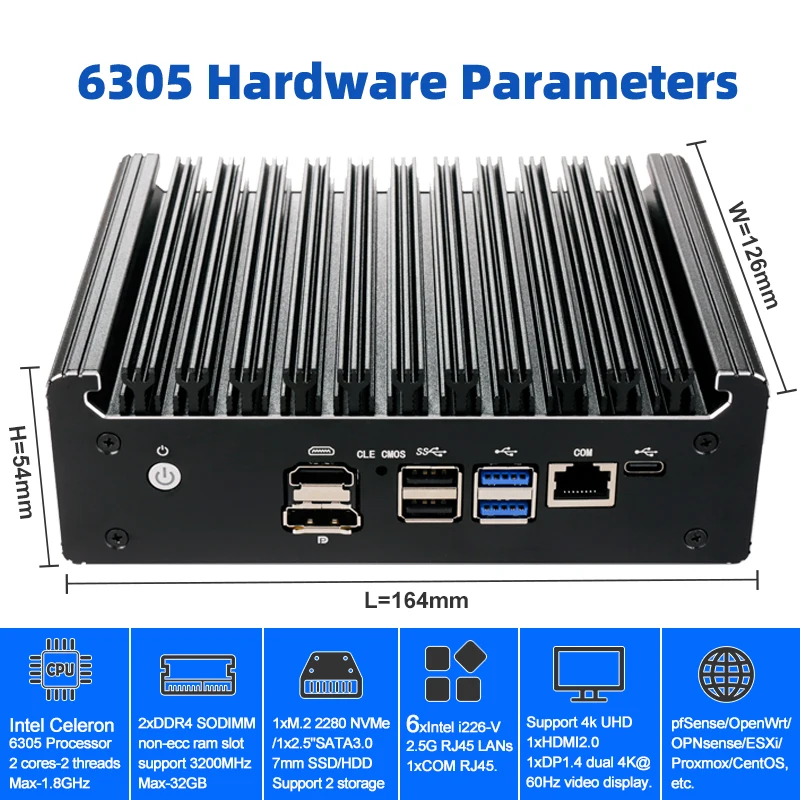Router morbido Intel Celeron 6305 6 Lans i226-V 2.5G Mini PC senza ventola DDR4 COM DP Apparecchio firewall pfSense OPNsense ESXi Computer