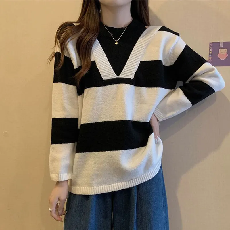 Fake Two Pieces Halter Sweaters Striped Autumn Winter Fashion Off Shoulder Women\'s Clothing Casual Loose Korean Knitted Jumpers