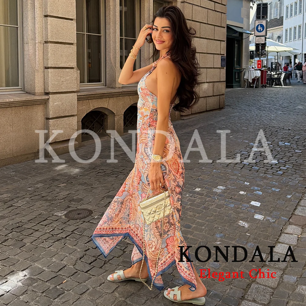 KONDALA Women Trendy Beach Print Halter Dress Backless Sleeveless Long Dress New Fashion 2026 Spring Summer Holiday Cute Dress view 3