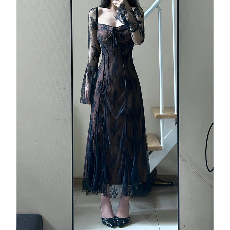 Robe française Vintage à manches évasées pour femmes, col carré, maille, Sexy, transparente, Slim, dentelle, Jacquard, robes de soirée