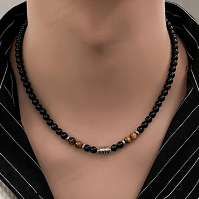 Noter Mens Stone Necklace Hiphop Punk Stainless Steel Necklace Male Natural Tiger eye Beads Necklace Meditation Present For Men