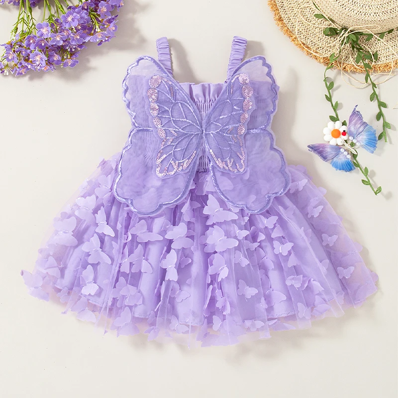 

Girl Kid's Dress Summer Butterfly Wings Strap Mesh Solid Color Fluffy Baby Dresses Cute Leisure Vacation Baby Girl Dress