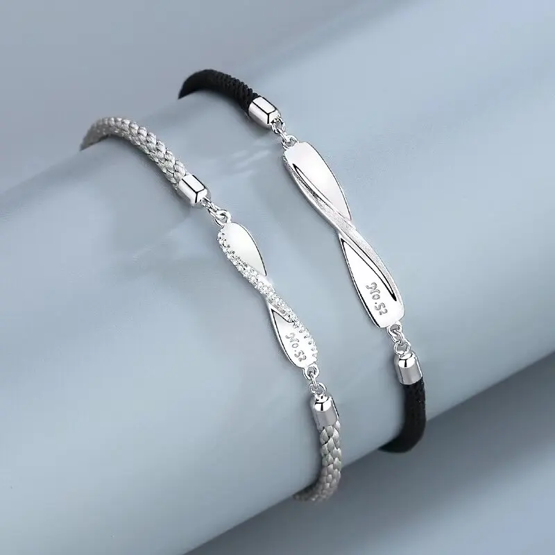 Chinese Style Lucky Eternal Blessing Mobius Strip 925 Silver Couple Bracelets Adjustable Braided Rope For Men Women Lovers Valen