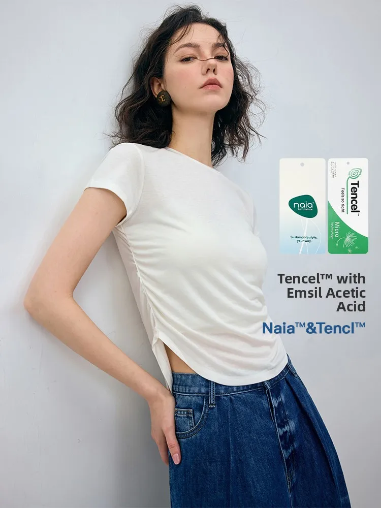 

Slim Fit Women's ort Sve Knitted T-irt Vever Zhang Daya Mix Lan Ling Lyocell Casual Sle Acetate Fiber Summer Top