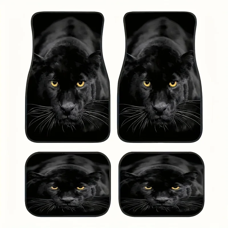 

Set Of 4 Black Leopard-Themed Car Floor Mats, Made Of Polyester Fiber, Decorative Car Mats Suitable For Sedans And Suvs | Perfec