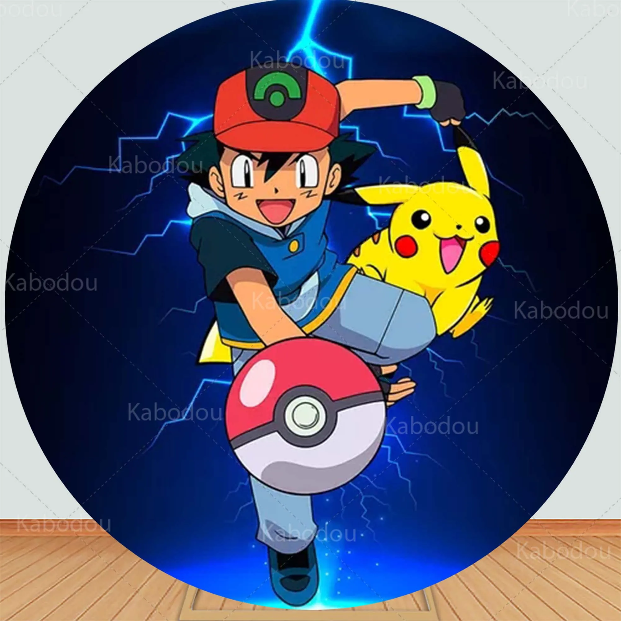 Pokemons Round Backdrop Blue Kids Birthday Party Decoration Photography Background Baby Shower Cylinder Cover Studio Props