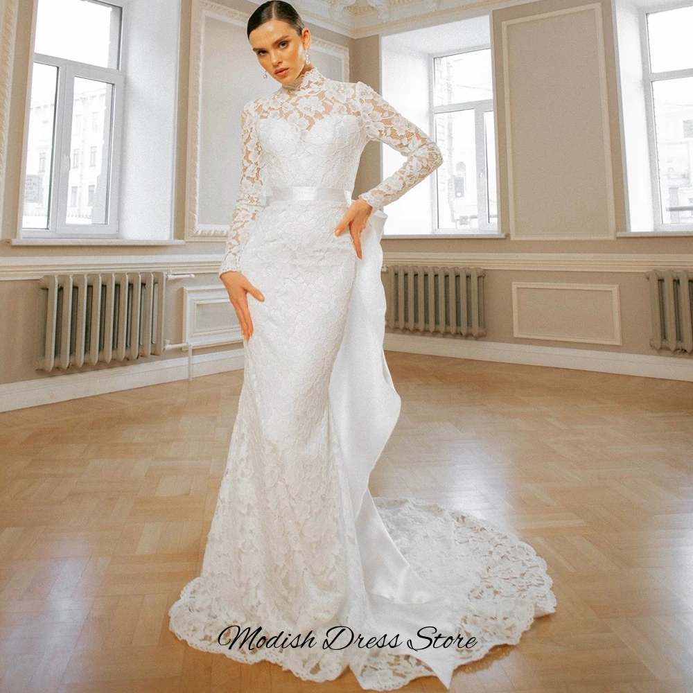 Elegant Customized Mermaid Lace Bridal Gowns Classic High Collar Sleeveless Wedding Dress Delicate Appliques Bow Robe de mariée image 4