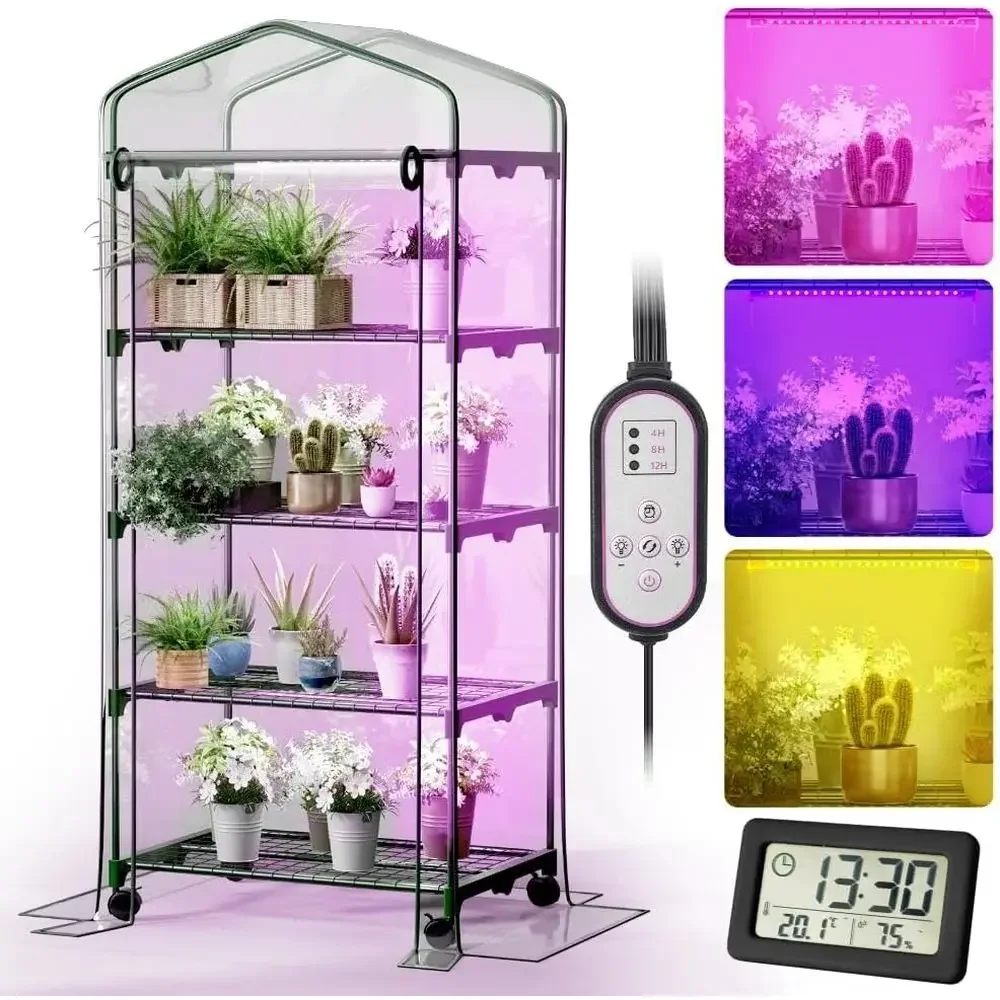Portable 4-Tier Greenhouse with Grow Lights and Wheels for Indoor Plant and Seed Cultivation