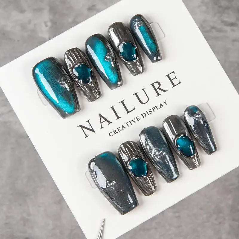 Handmade Press On Nails Teal Cat Eye Metallic Chrome 3D Gem Design Medium Coffin Fake Nails Reusable Gothic Dark Wearable False