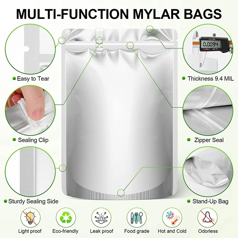 Mylar Bags 100PCS, 9.4 Mil Food Storage Bag, 1 Gallon 10X14 7X10 4X6 Stand-Up Zipper For Airtight Smell Proof Packaging