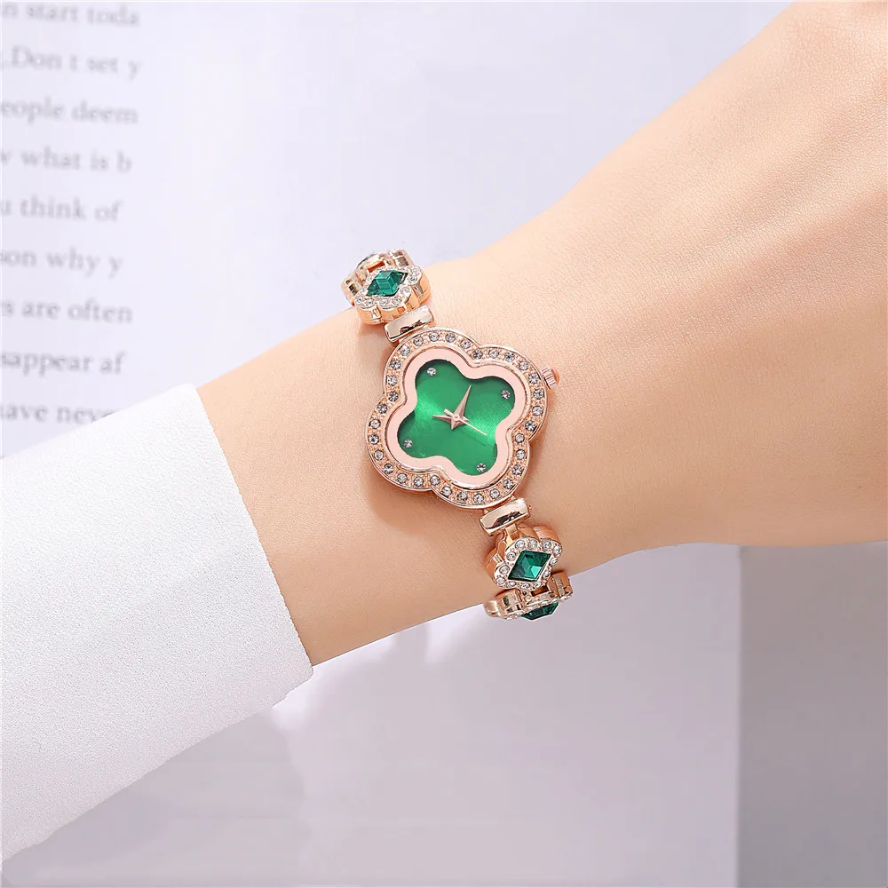 fashion blingbling rhinestone quartz green steel bracelet watch