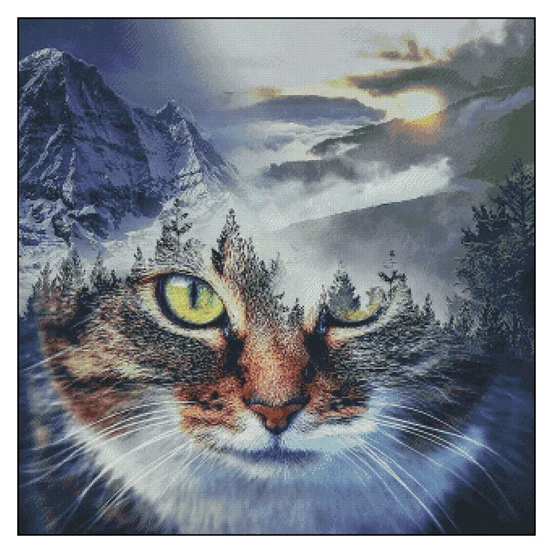 Amishop Gold Collection Counted Cross Stitch Kit, World Master Cat, Sunset Snow Mountain, Forest Chimera