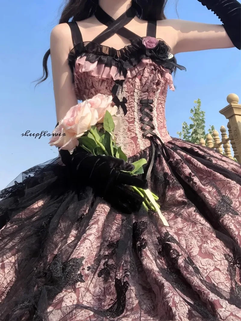 2025 Japanese Summer Lolita Premium Cross Shoulder Strap Suspender Tube Top Waist Lace Edge Large Skirt Dress For Women - Image 5