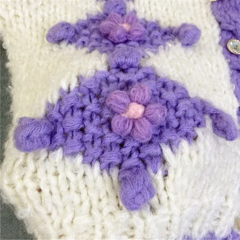 Heavy Industry Crochet Thickened Sweater Coat Women's V-neck Plaid Contrast Color Knitted Cardigan Female Sweaters Short Jacket