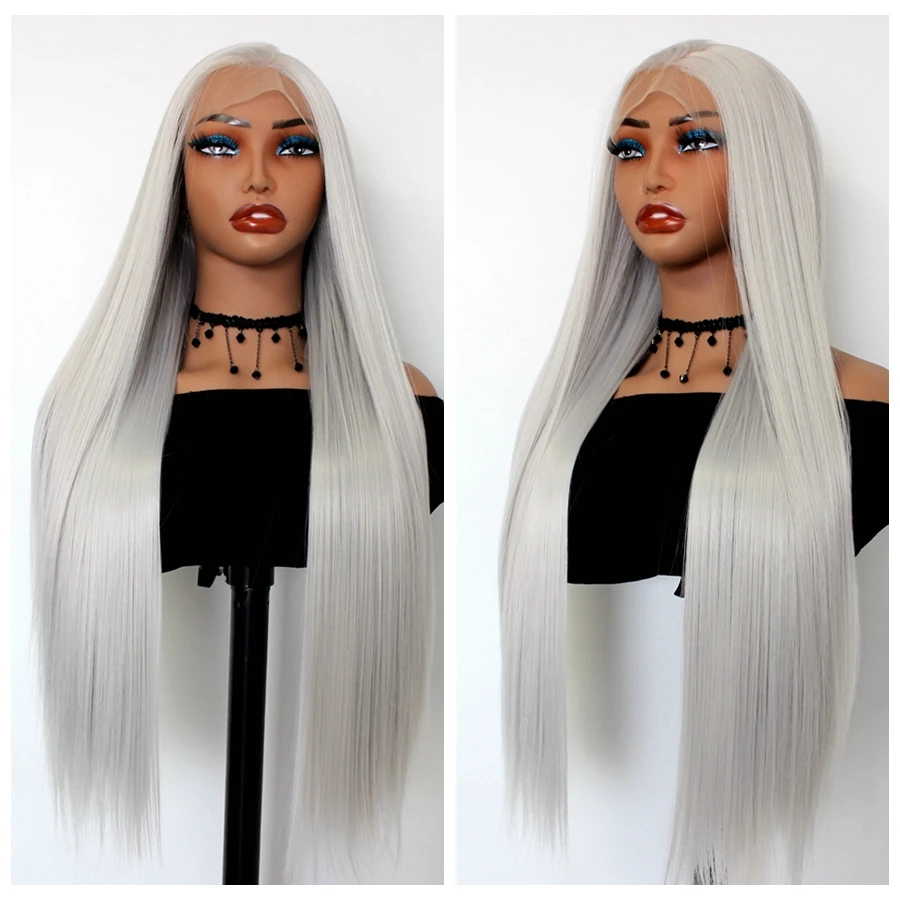 

13X4 Lace Front Wigs Straight Hair Glueless Lace Wigs Synthetic Long Silk Straight Natural Wig 180% Density Grey Wigs