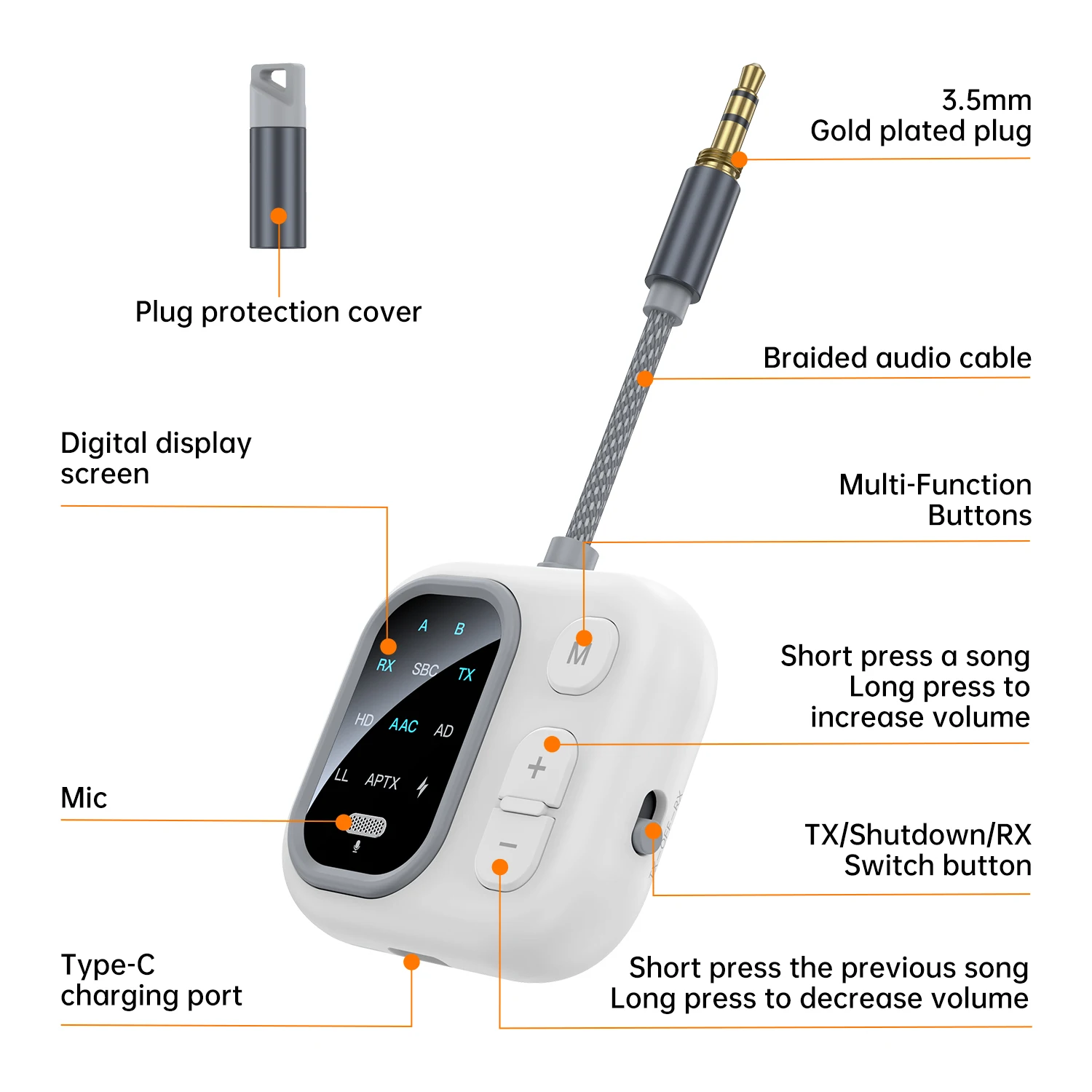 ตัวรับสัญญาณเสียงบลูทูธ aptX 2-in-1 เครื่องส่งสัญญาณ aptX-Adaptive AD/HD/LL AAC แจ็ค AUX 3.5 มม. อะแดปเตอร์ไร้สายแบบหลายจุดสำหรับทีวี PC ชุดเครื่องเสียงรถยนต์ ลำโพง หูฟังบลูทูธ