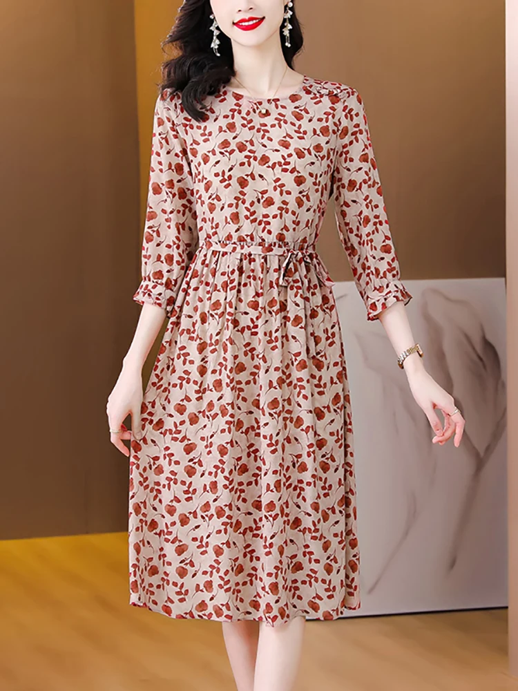 

Women Floral Silk Elegant Casual Midi Dress Spring Summer Boho Fashion Bodycon Evening Dress 2024 Korean Luxury Festival Dresses