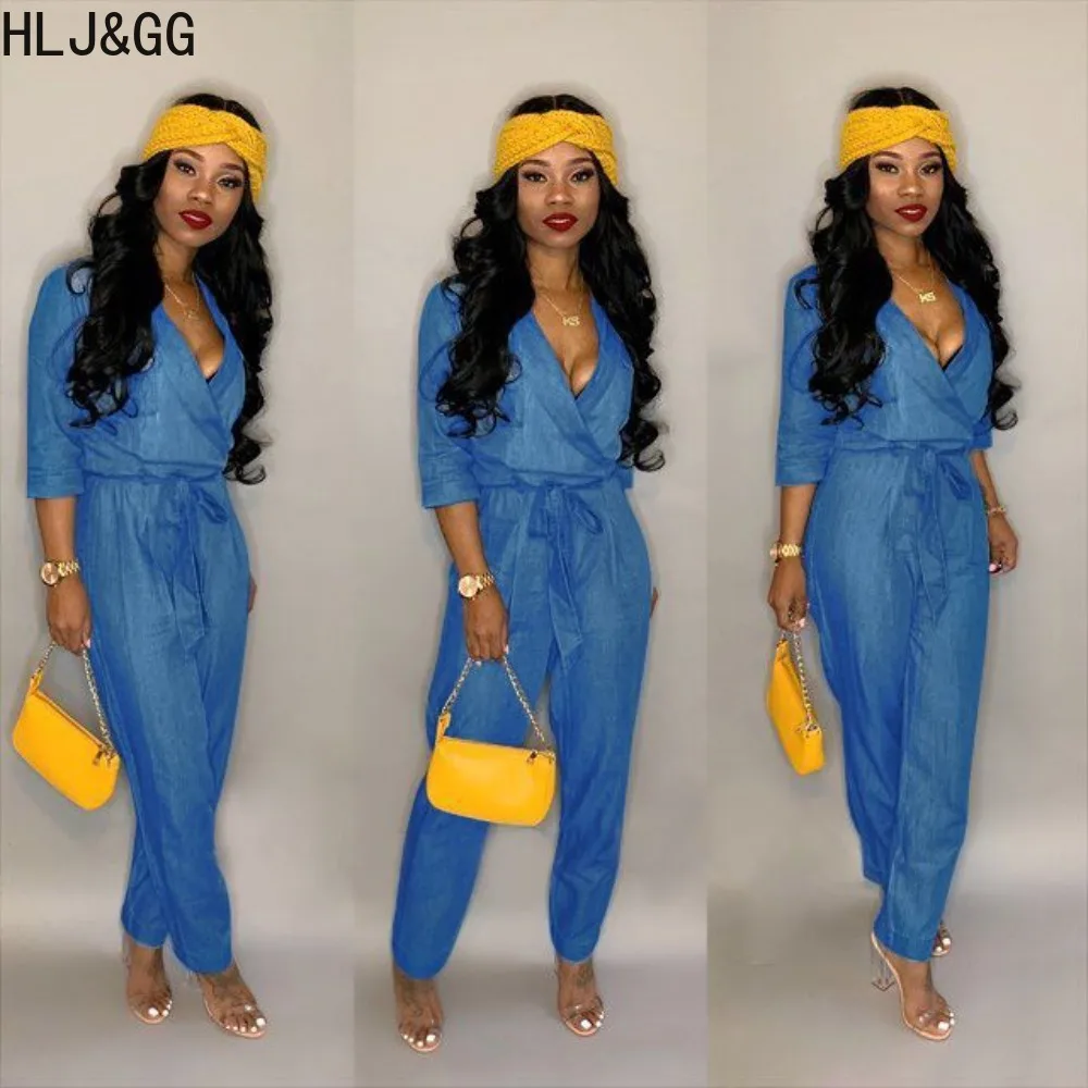 

HLJ&GG Autumn Casual Denim Pants Jumpsuits Women V Neck Long Sleeve Drawstring Overall Fashion Solid Cowboy Sporty Playsuit 2023