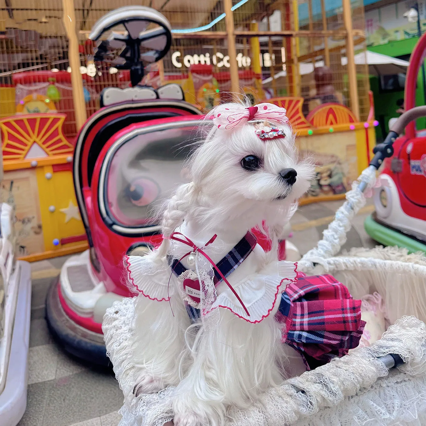 Winter Knitted Patchwork Red Plaid Sweet Dog Sweater Dress Maillard Plaid Design for Maltese  Teddy Bichon Dogs Knitted Coat