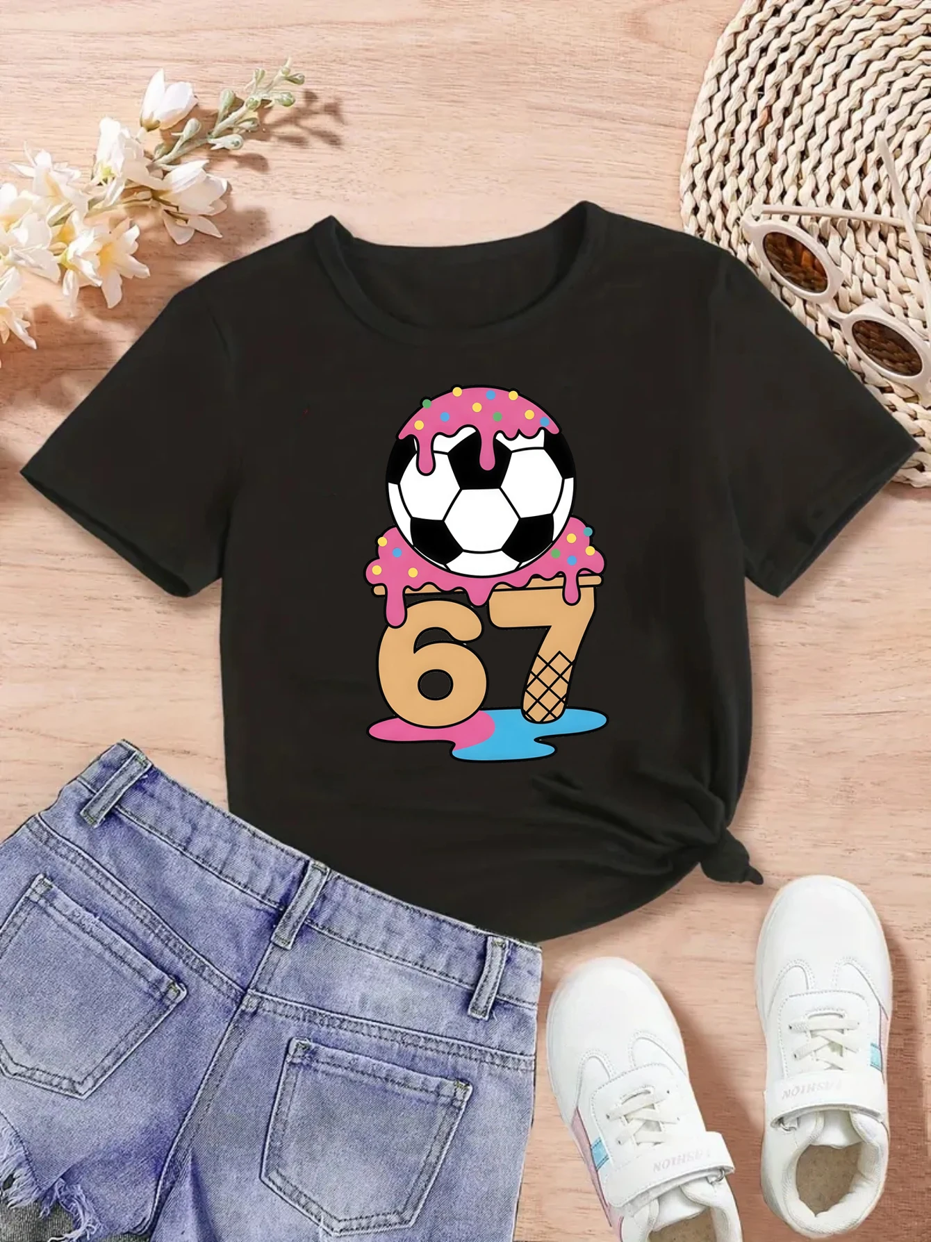 

67 Meme Ice Cream Soccer Printed T Shirt Girls/Boys Kawaii Kids Clothes Summer Short Sleeve Shirt Toddler Shirt