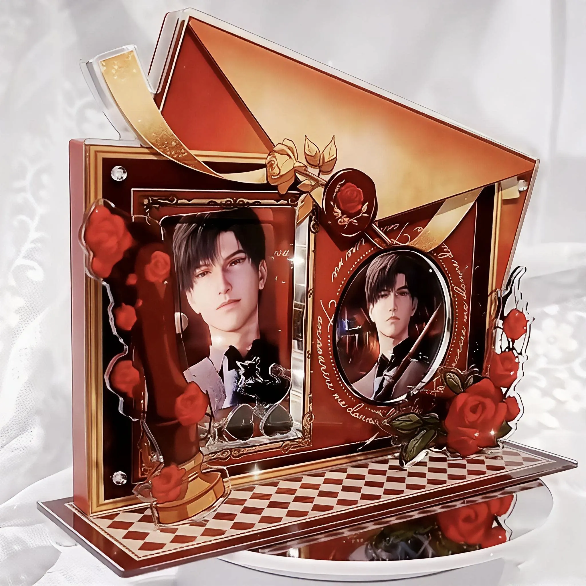 Love Letter Series 3.5inch Card &75mm Badge Frame, Acrylic Dual Slot Vintage Rose Envelope Pattern Display Stand, for Desk Decor