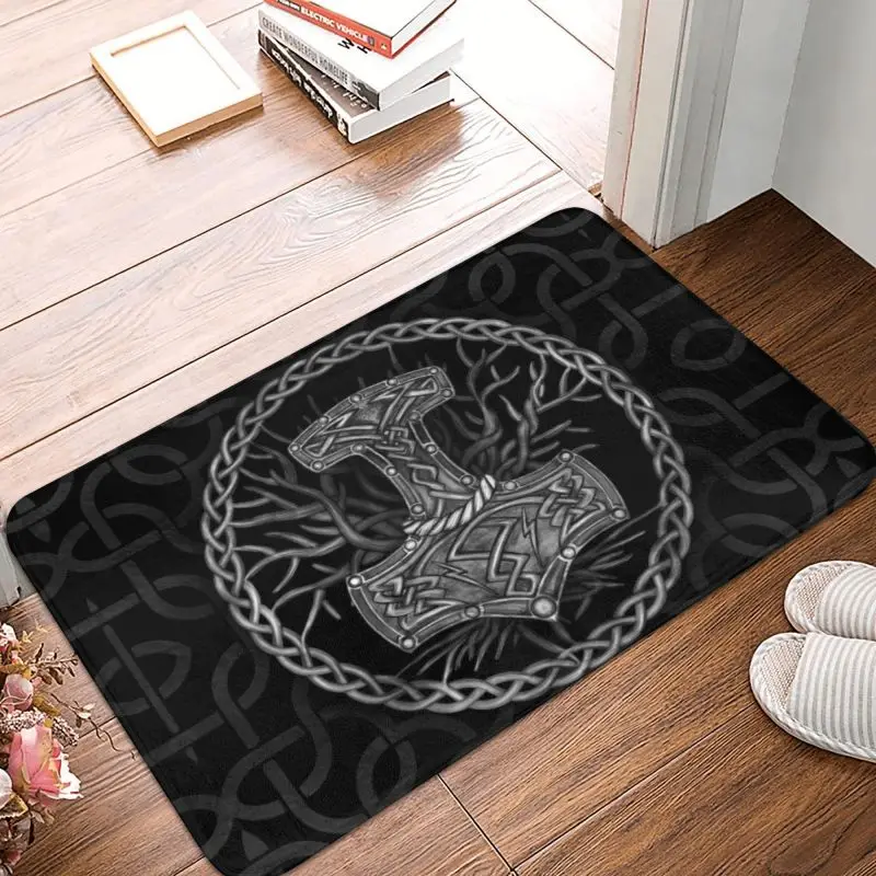 Mjolnir The Hammer Of Thor And Tree Of Life Doormat  Entrance Bathroom Kitchen Floor Door Mat Norse Viking God Rug Carpet