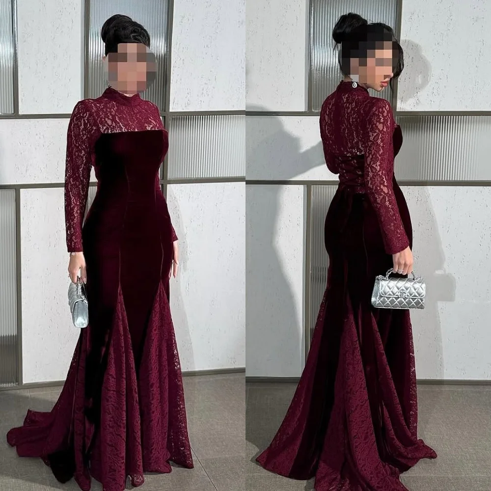 

Customized Matching Exquisite Velour Lace Pleat Mermaid High Collar Long Dresses Bespoke Occasion Dresses Sizes Available Retro