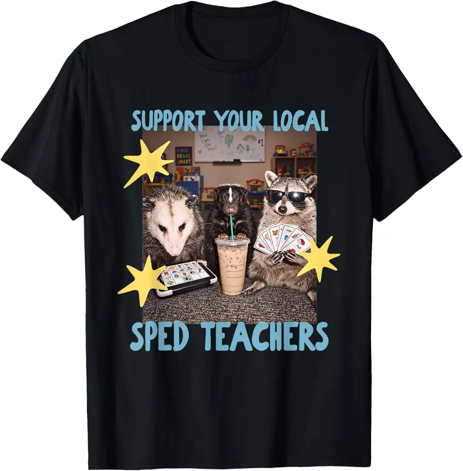 Support Your Local SPED Teacher Raccoon T-Shirt Men Casual Graphic Print T‑Shirt Crew Neck Short Sleeve Vintage Street Style Soft Fabric Daily Wear Tops.holiday festive,party wear,theme print tee.