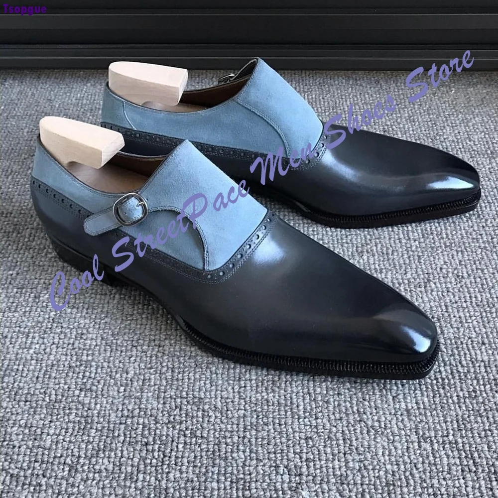 Black Light Blue Monk Strap Men Dress Shoes Two Tone Leather Suede Splicing Pointed Toe Wedding Formal Men Zapatillas Mujers