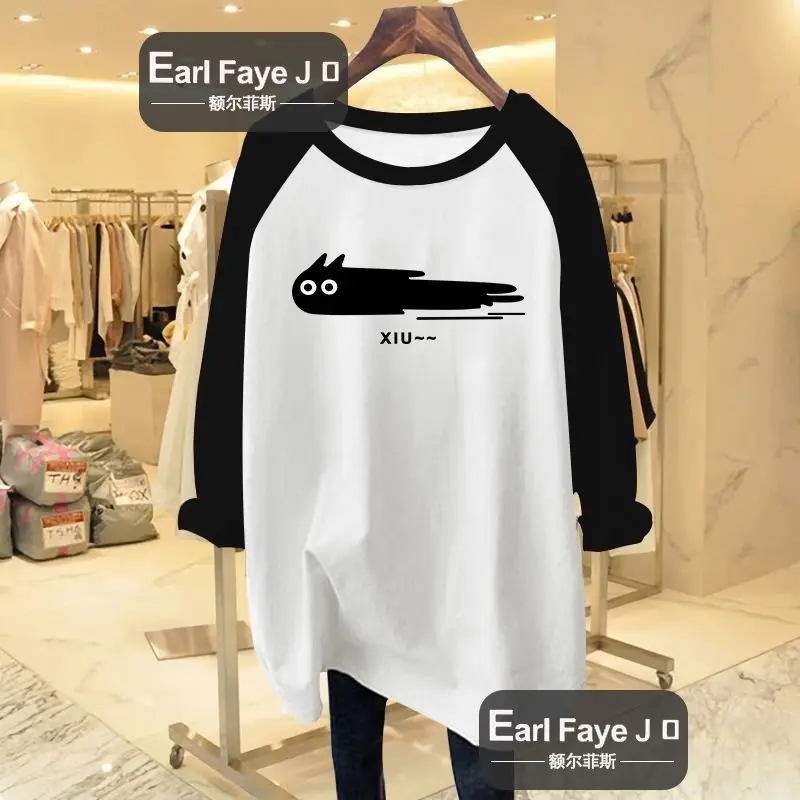 

Women Clothing Chic Hand-Painted Graffiti Print T-shirt Autumn Casual Loose Black White Top Tee Pure Cotton Long Sleeve Pullover