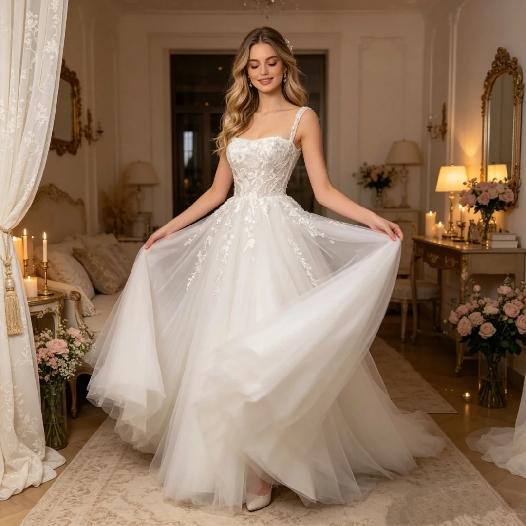 

Modern Square Neck Wedding Dress Spaghetti Straps 3D Floral Lace Appliques A-Line Tulle Bridal Gown Custom Made Robe De Mariée