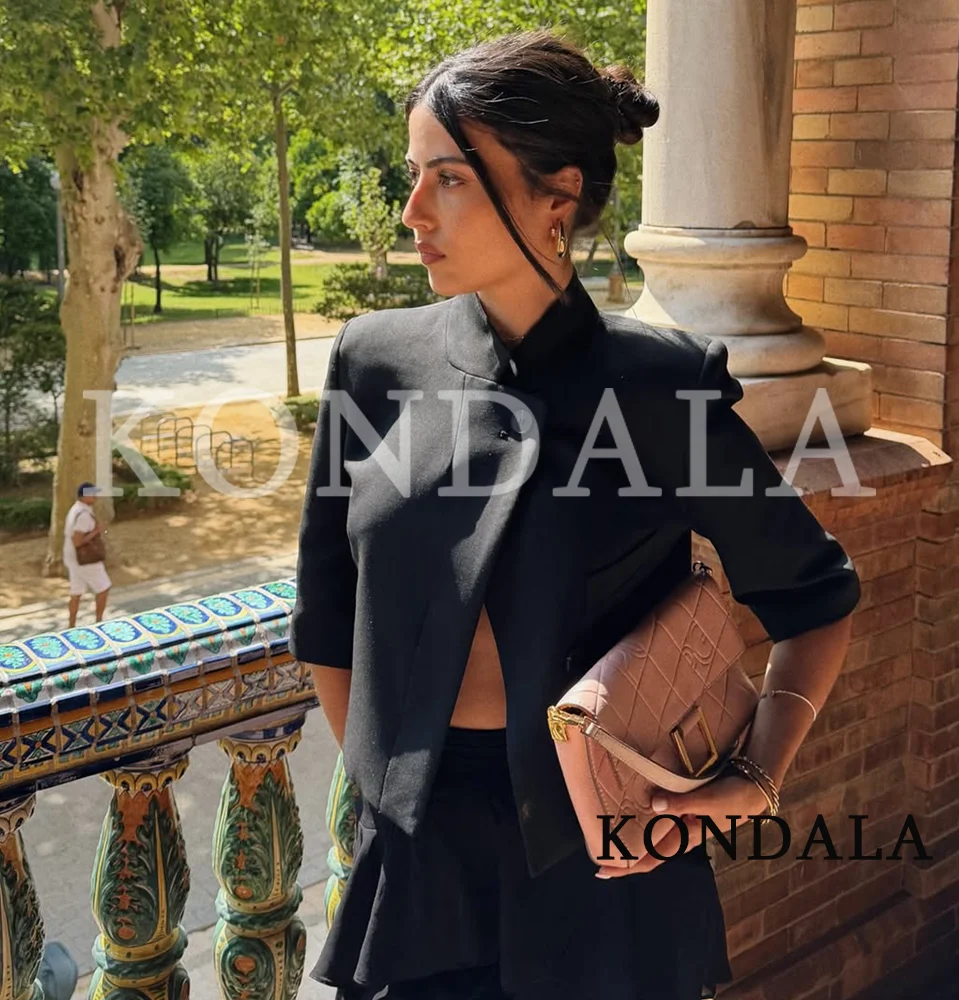 KONDALA Commute Short Sleeve Blazer Women Summer Elegant Stand-up Collar Short Blazer New 2026 Trendy High Street Casual Blazer