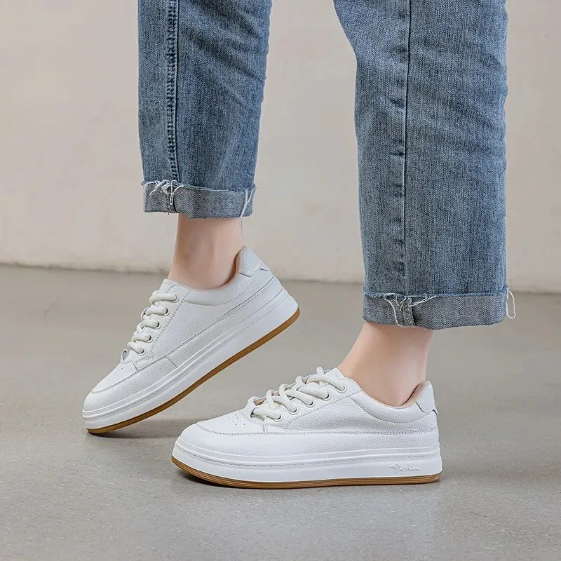 Women's White Platform Sneakers Genuine Leather Casual Lace Up Shoes Fashion Comfortable Thick Sole Walking Shoes for Daily Wear