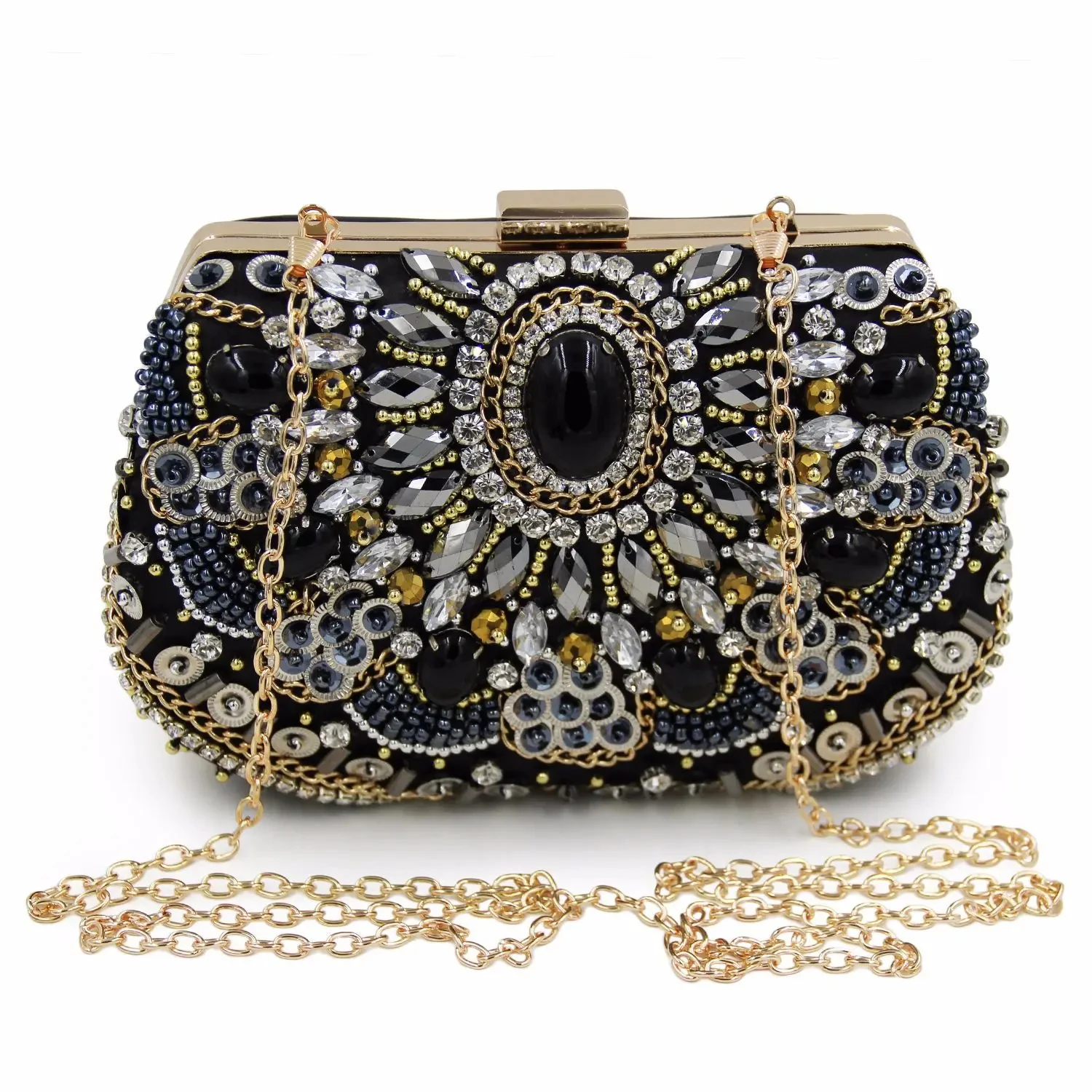 Popular vintage women\'s banquet black diamond hand embroidery Evening Clutch Bags chain shoulder bag Rhinestone Pearl hand bag