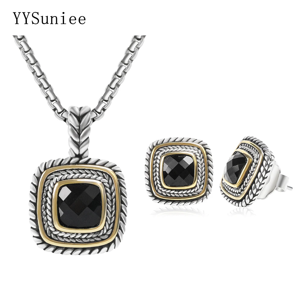 YYSuniee 7mm Cubic Zirconia Women's Jewelry Set 18k Gold-Plated Two-Color Wheat Thread Earrings Pendant Set Birthday Gift