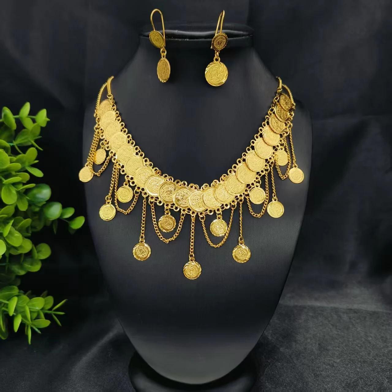 

24K Gilding Coin Necklace Earrings For Woman Party Engagement Fashion Jewelry Set Lady Birthday Gift