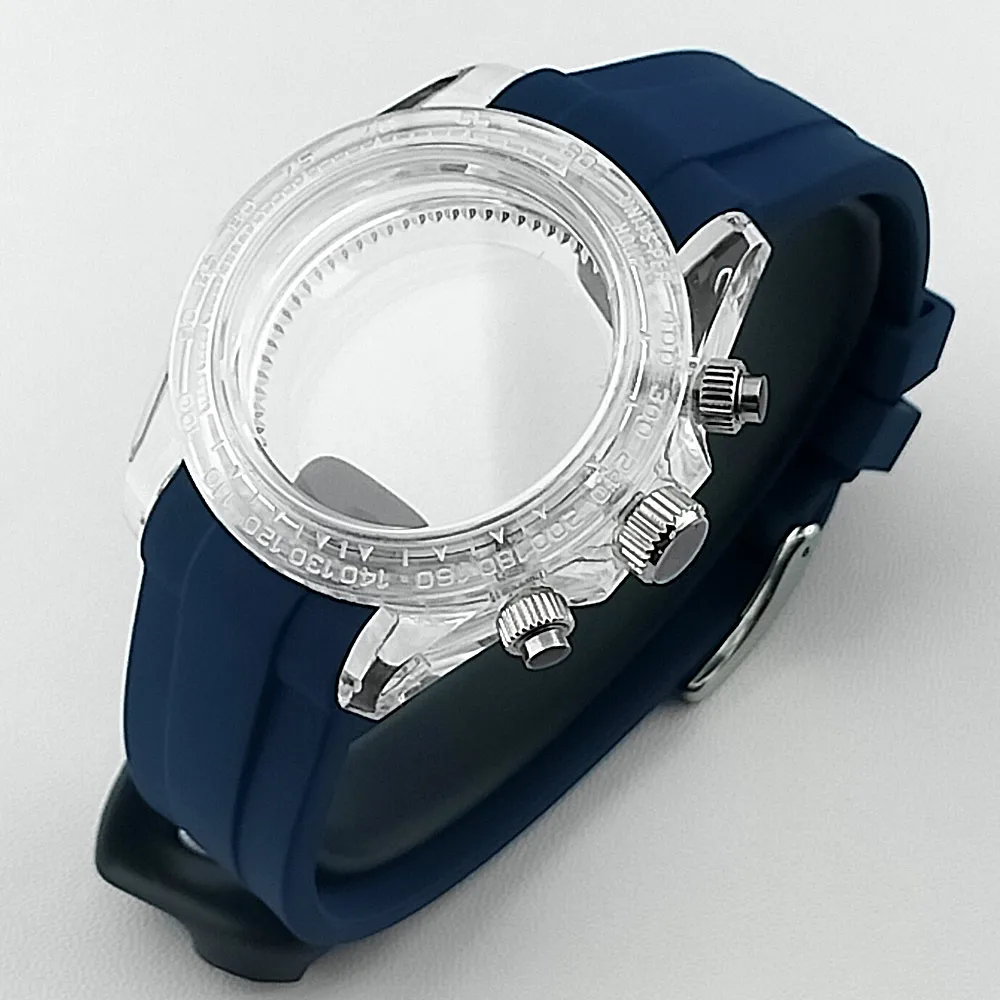 39,5mm Herren-Uhrengehäuse aus Acryl, transparent, geeignet für VK63, mit schwarzem, blauem, grünem, weißem Armband, Uhrenteile und Zubehör – Detail 10