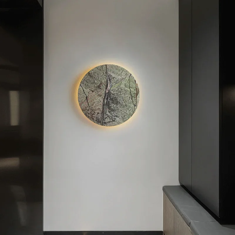 Vintage Round Shape Natural Green Stone Art Decoration Wall Lamps LED Bedroom Bedside Study Sconces