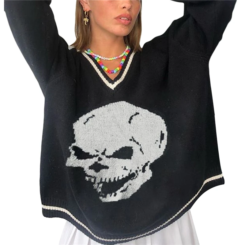 2022 New Women's Autumn and Winter Personality Skull Pattern Casual Loose V-neck Knitted Fashion Sweater Pullover