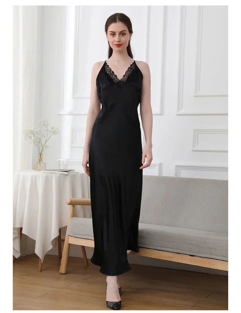 100% Silk Women Long Nightgown Slip Dress Criss Cross Lingerie Sexy Chemise Nightie Lace V Neck Sling Maxi Nightdress Homewear